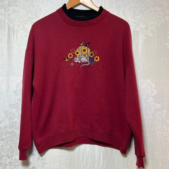 Vintage Tops - VTG Sweatshirt Med PETITE Red Embroidered Cat Sunflower Made in USA Top Stitch